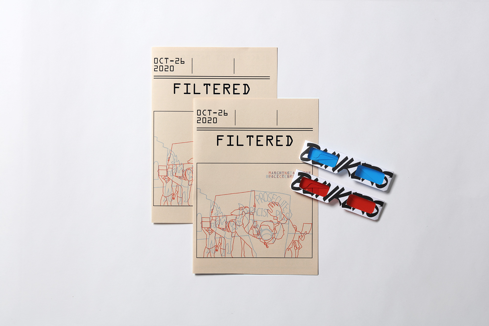 A cover of a flyer with a drawing representing a crowd and some text with the title: FILTERED. There are also a pair of blue and red tinted cardboard glasses with the word BLINKED on them.