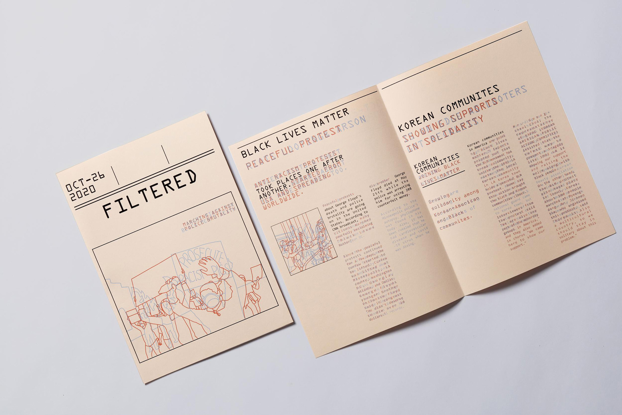 A cover and the contents of a flyer with a drawing representing a crowd and some text with the title: FILTERED.