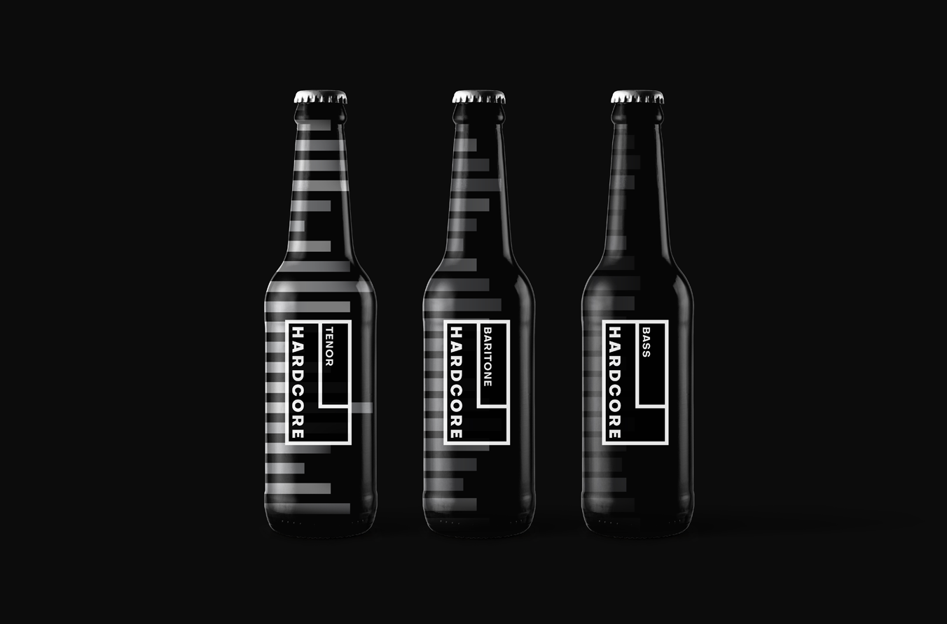 A set of three black bottles with silvery black labels with text: Tenor Hardcore, Baritone Hardcore, Bass Hardcore.