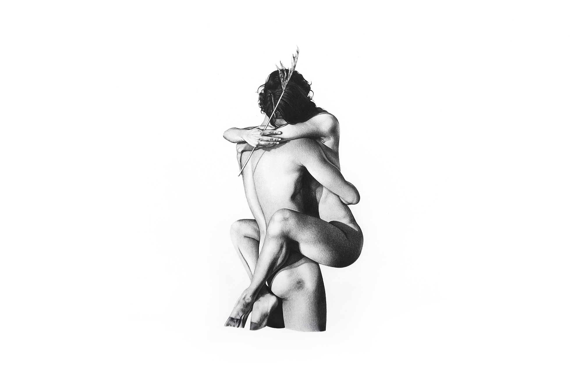 A black and white photo of a naked man and woman, embraced in a love position.