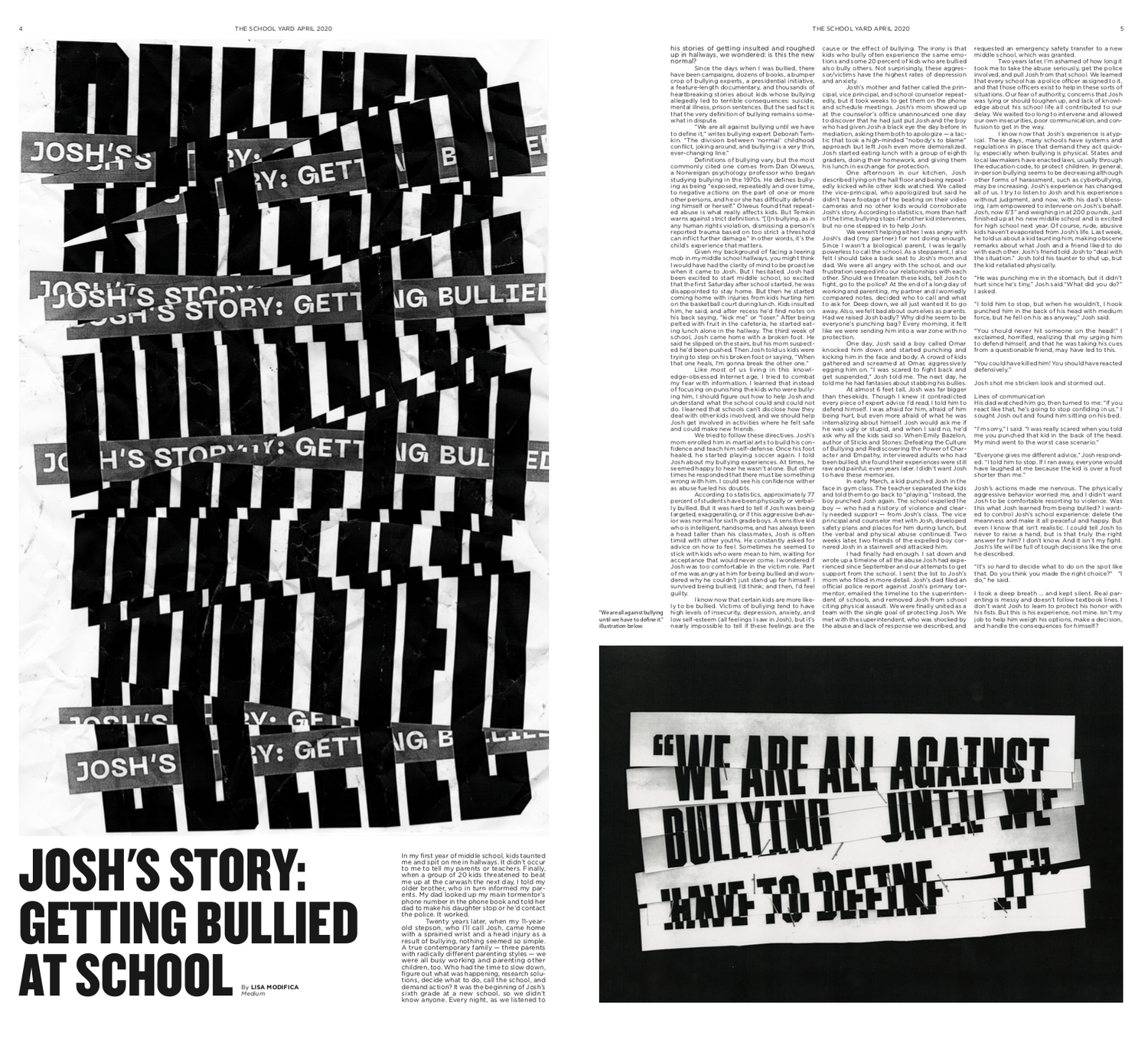 An opened newspaper with articles and some pictures showing some shredded paper with text. The title of the article: Josh's Story Getting Bullied At School.