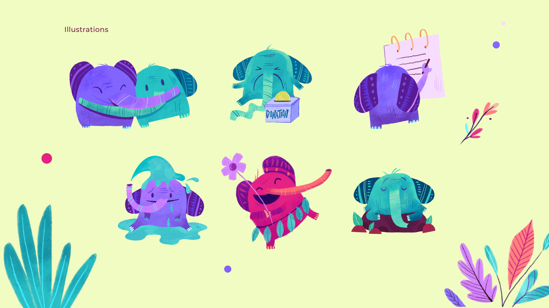 A computer drawing of green, purple and red cartoon elephants that are doing different activities like hugging, playing, relaxing, taking a shower or taking notes.