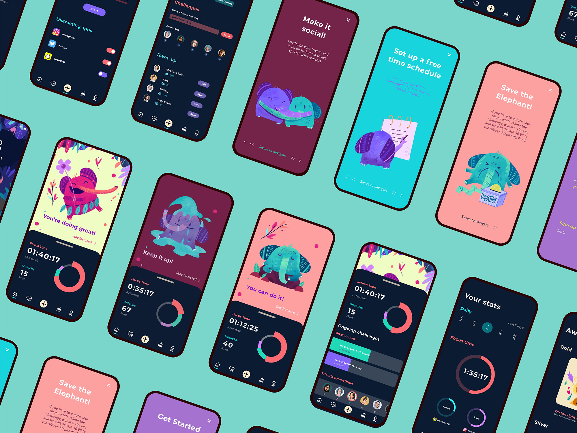 A set of mobile phone templates depicting colorful elephant drawings doing different activities. Each drawing has some stats, probably for a mobile app.