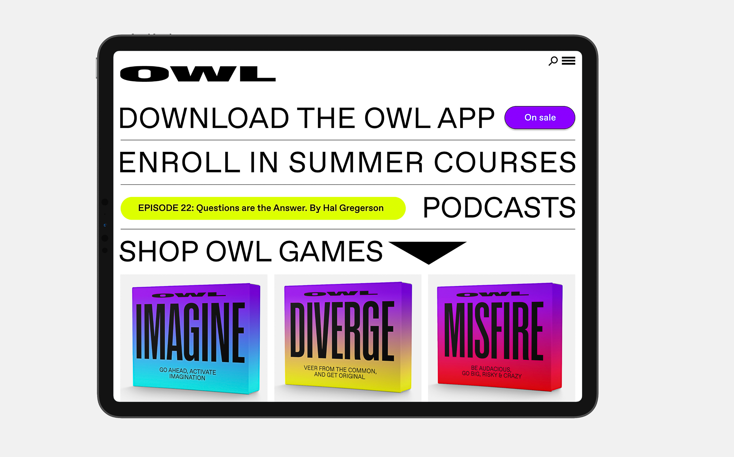 Owl app screen on iPad