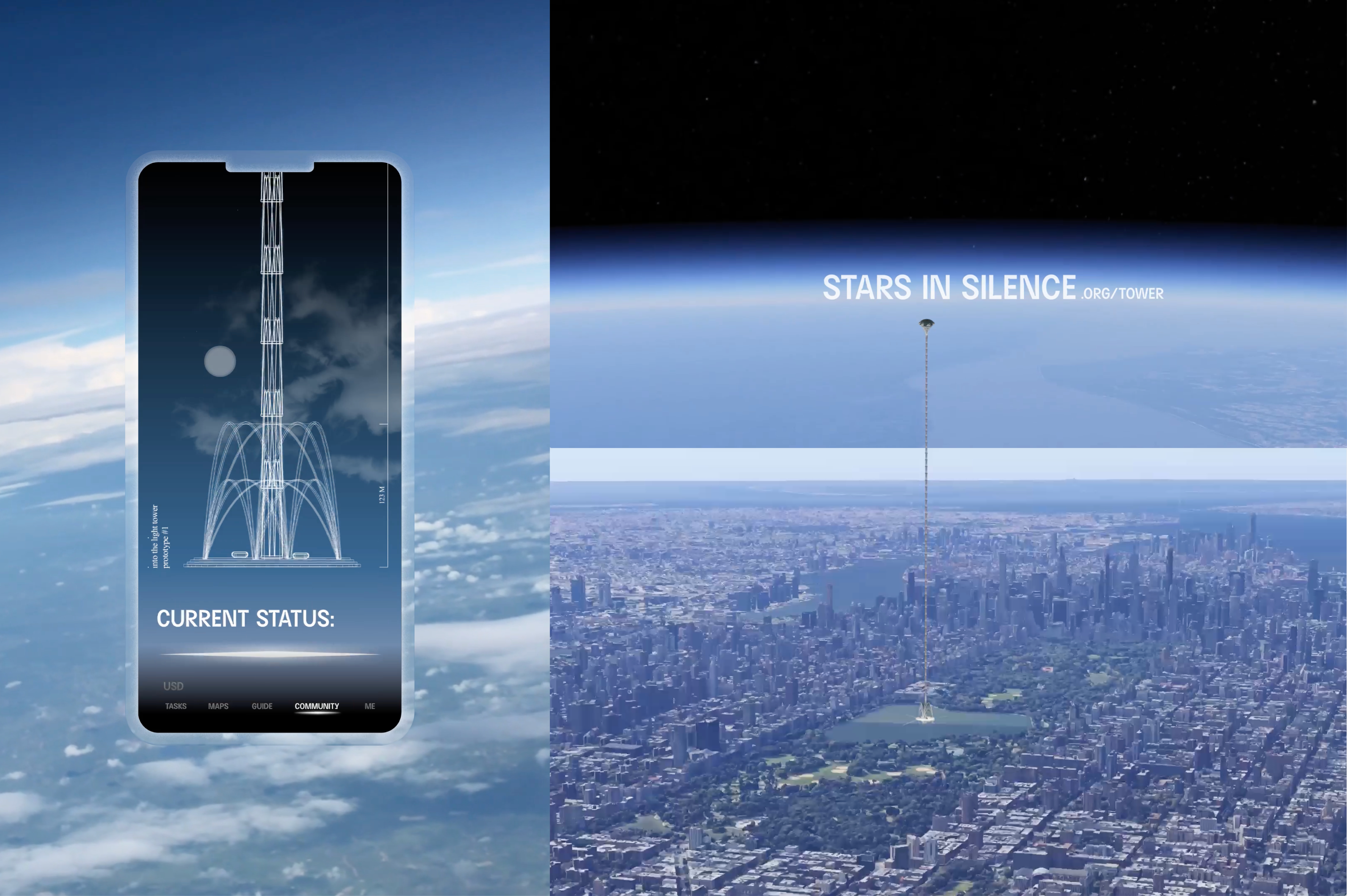 Stars in Silence iphone website mockup and illustration of tower for viewing stars