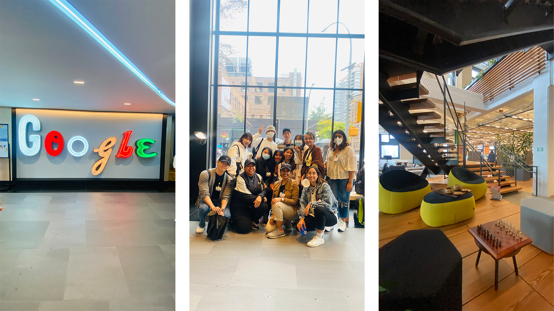 three photos from the visit to Google, showing the interior lobby, and a group photo of the students