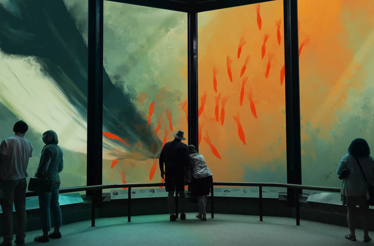 people in an aquarium watching a whale and orange fish