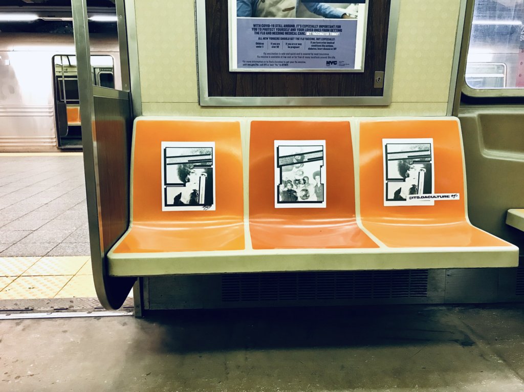 3 posters on orange benches of a New York subway train
