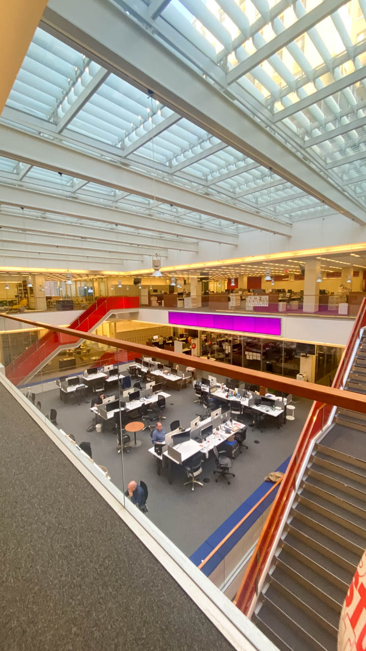 A bird's eye view of the central atrium of the New York Times office