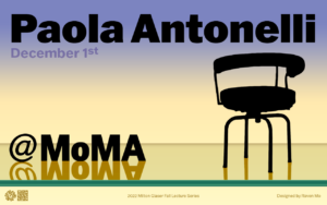 Colorful poster announcing the MOMA visit with Paola Antonelli
