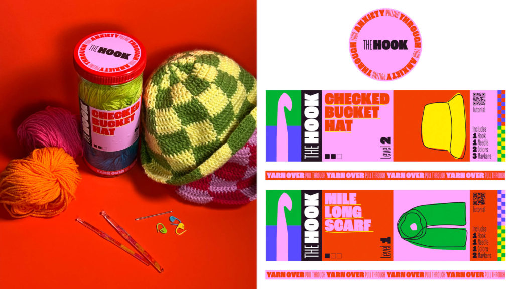 colorful yarn and an illustration of crochet