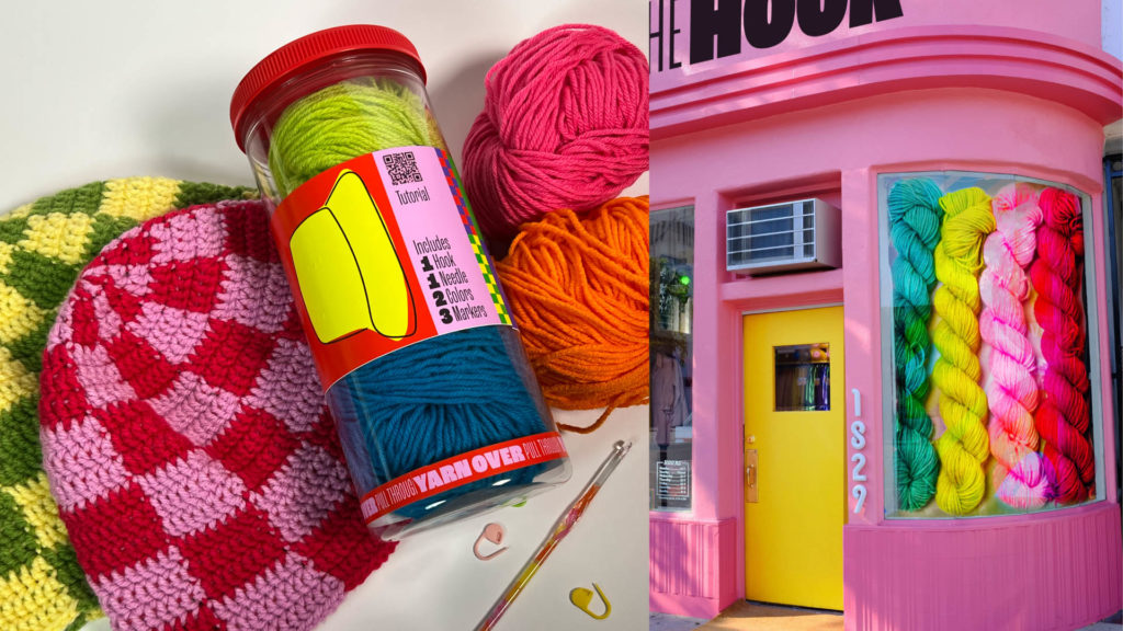two photos of colorful yarn