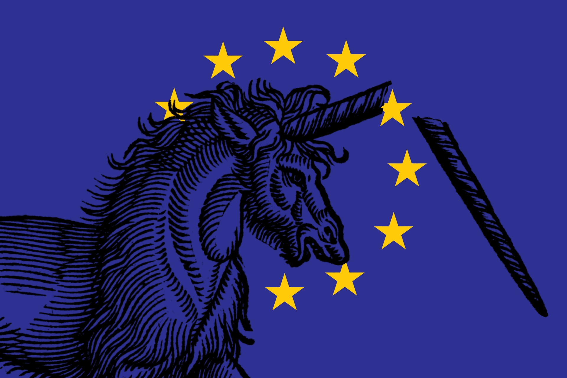 unicorn illustration breaking the star pattern in the EU flag