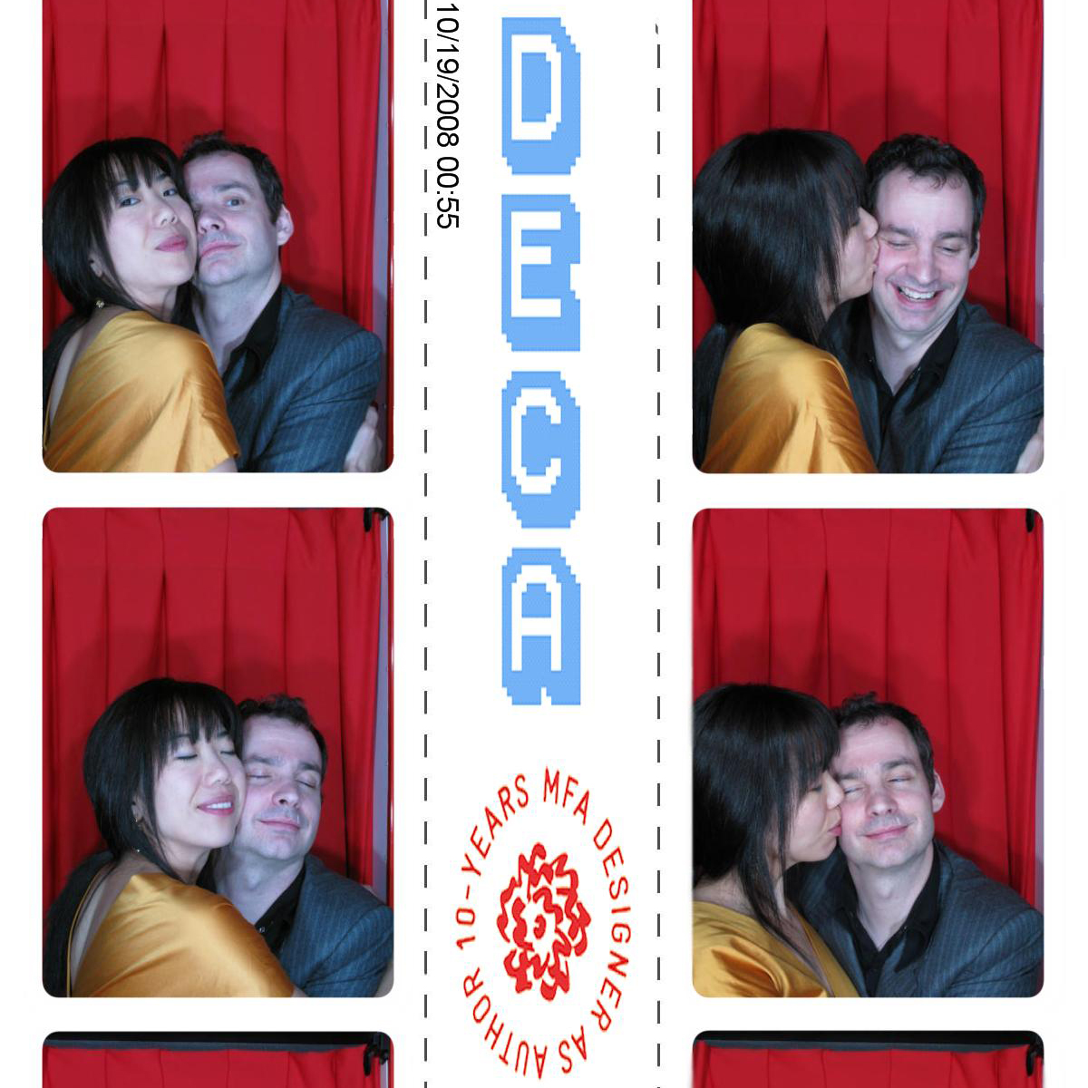two people hugging in a photo booth