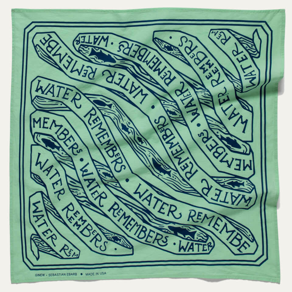 green scarf with typographic print