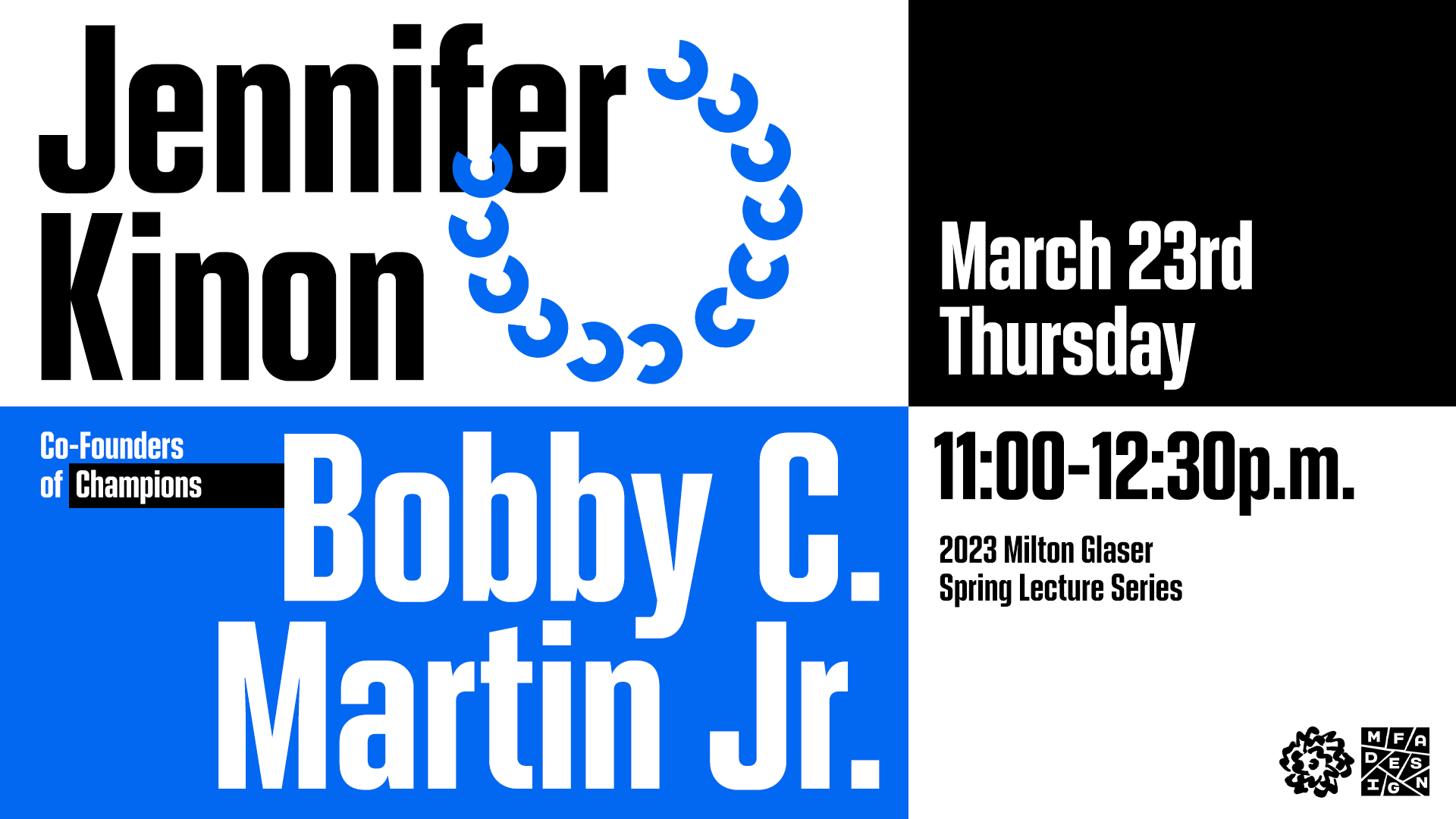 blue and black poster announcing Jennifer and Bobby guest lecture