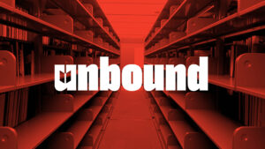 Unbound app branding logo against a red background image of empty bookshelves