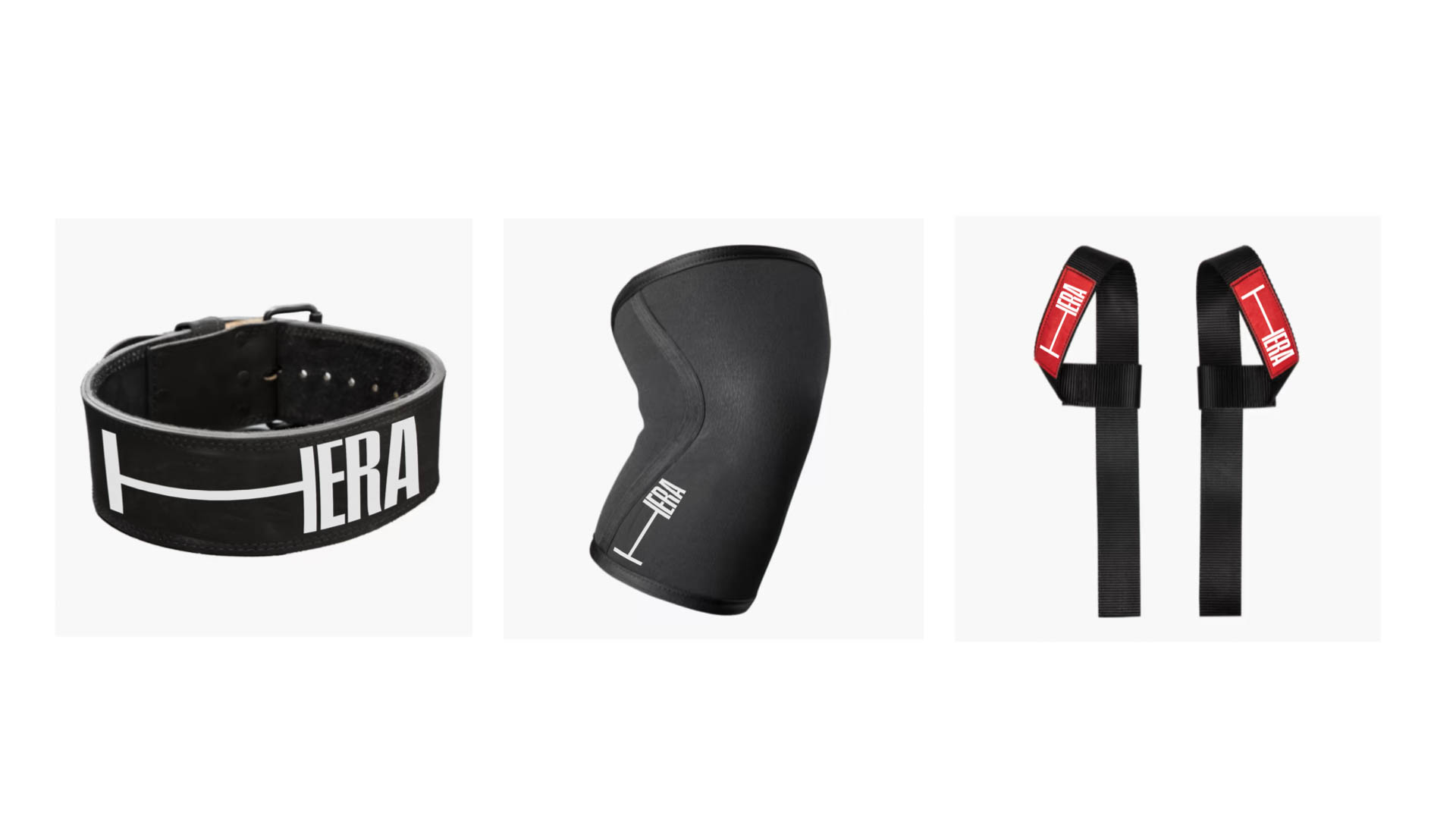 three different pieces of weight lifting merch for Hera