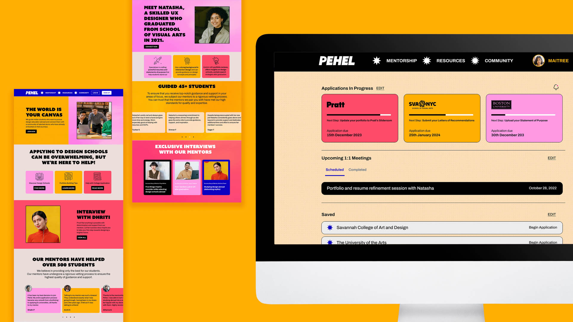 Pehel app website shown on a desktop computer and other examples in background