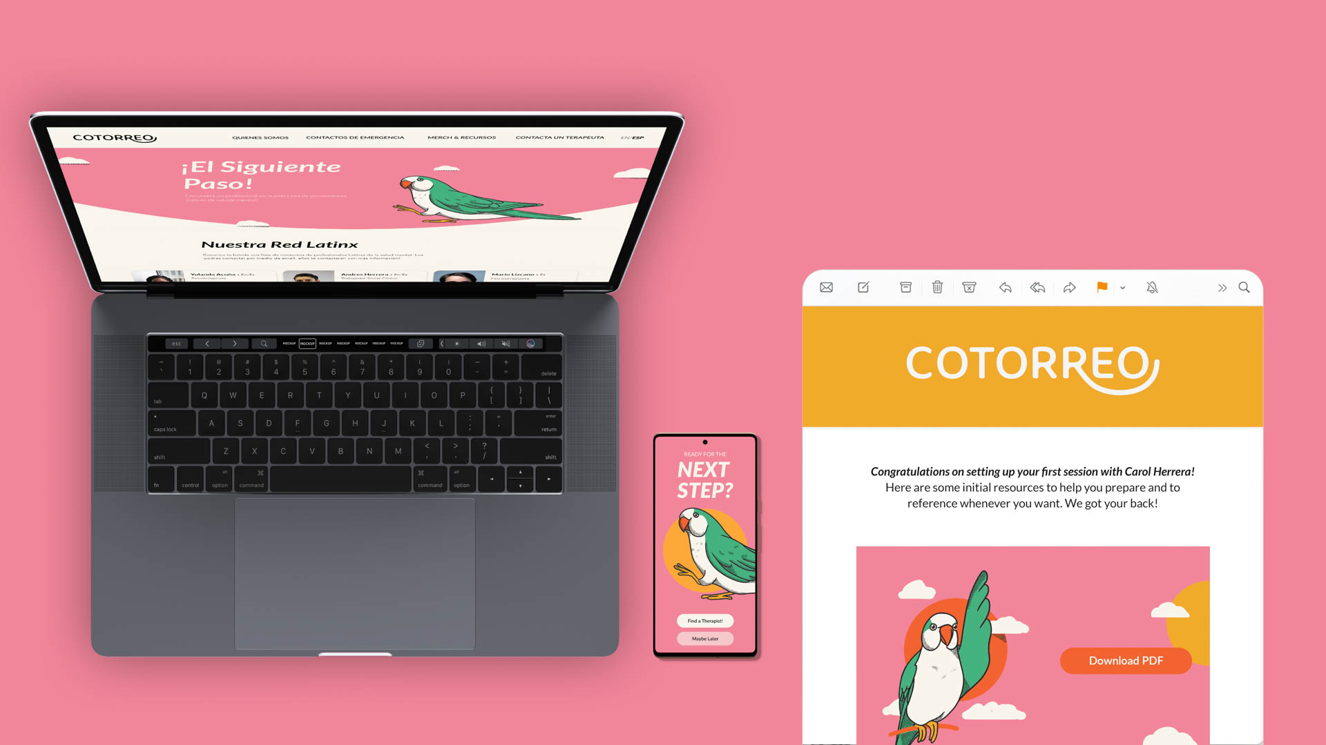 Cotorreo app branding on a laptop and iphone