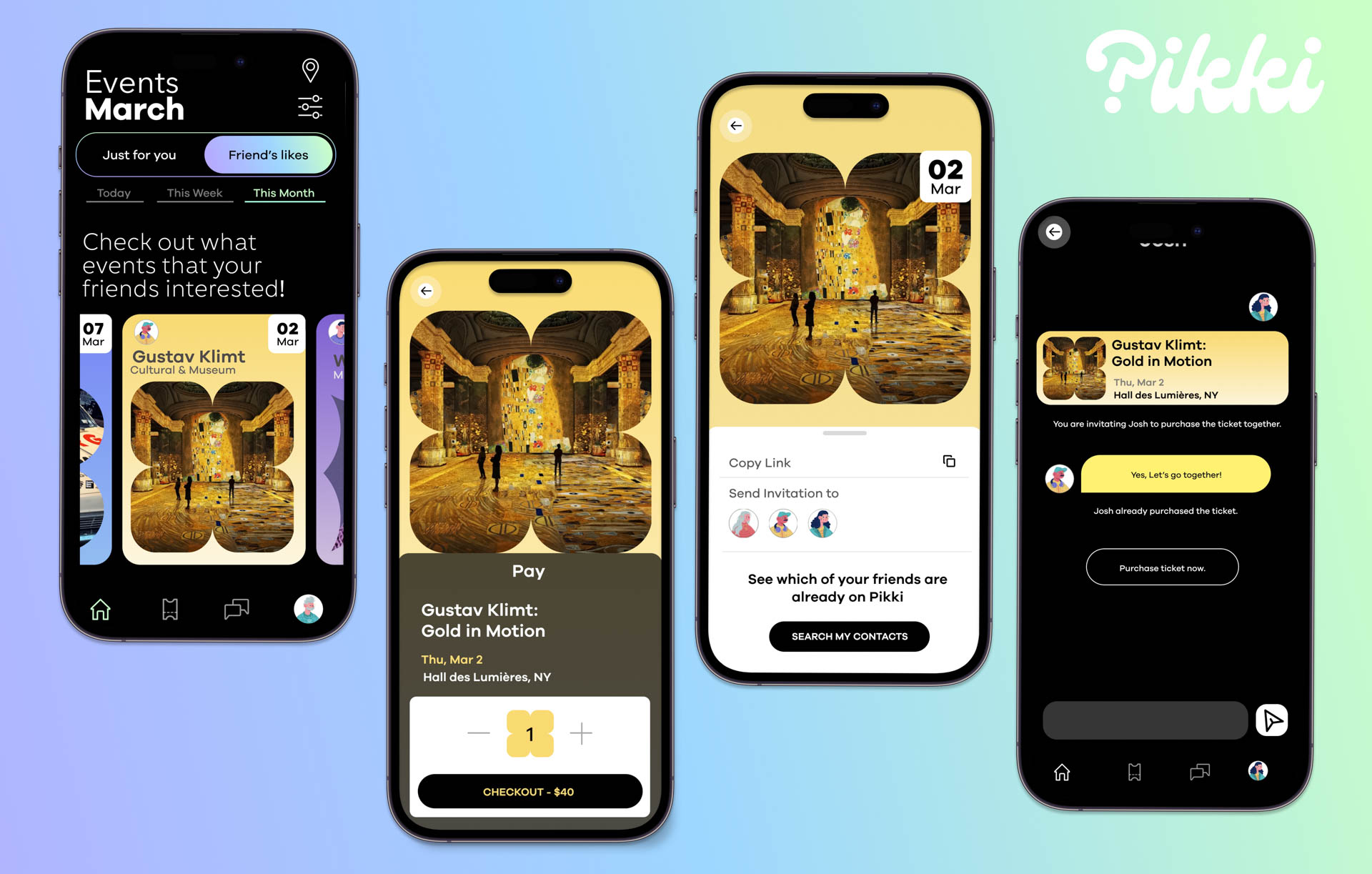 four iphones showing different screens for the Pikki app