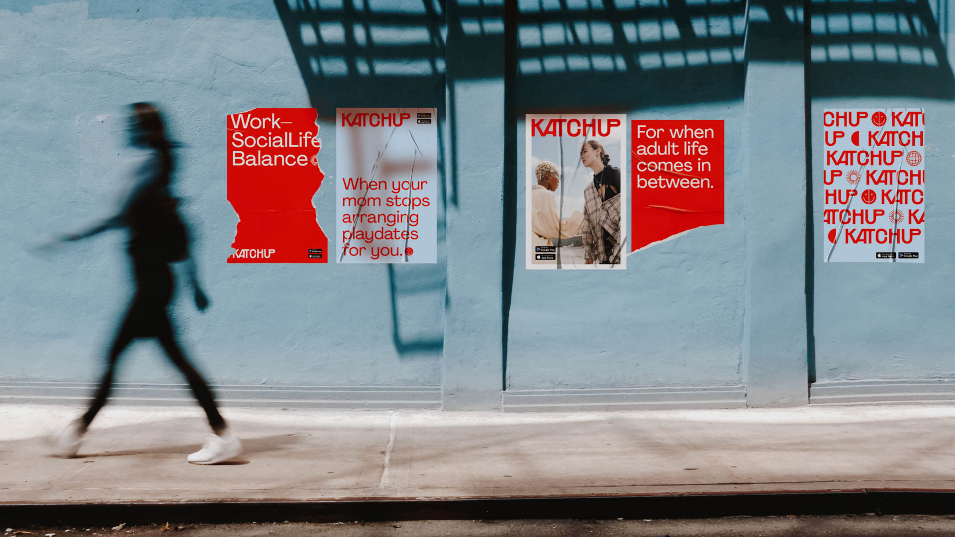 a street scene with posters on the wall for the Katchup app