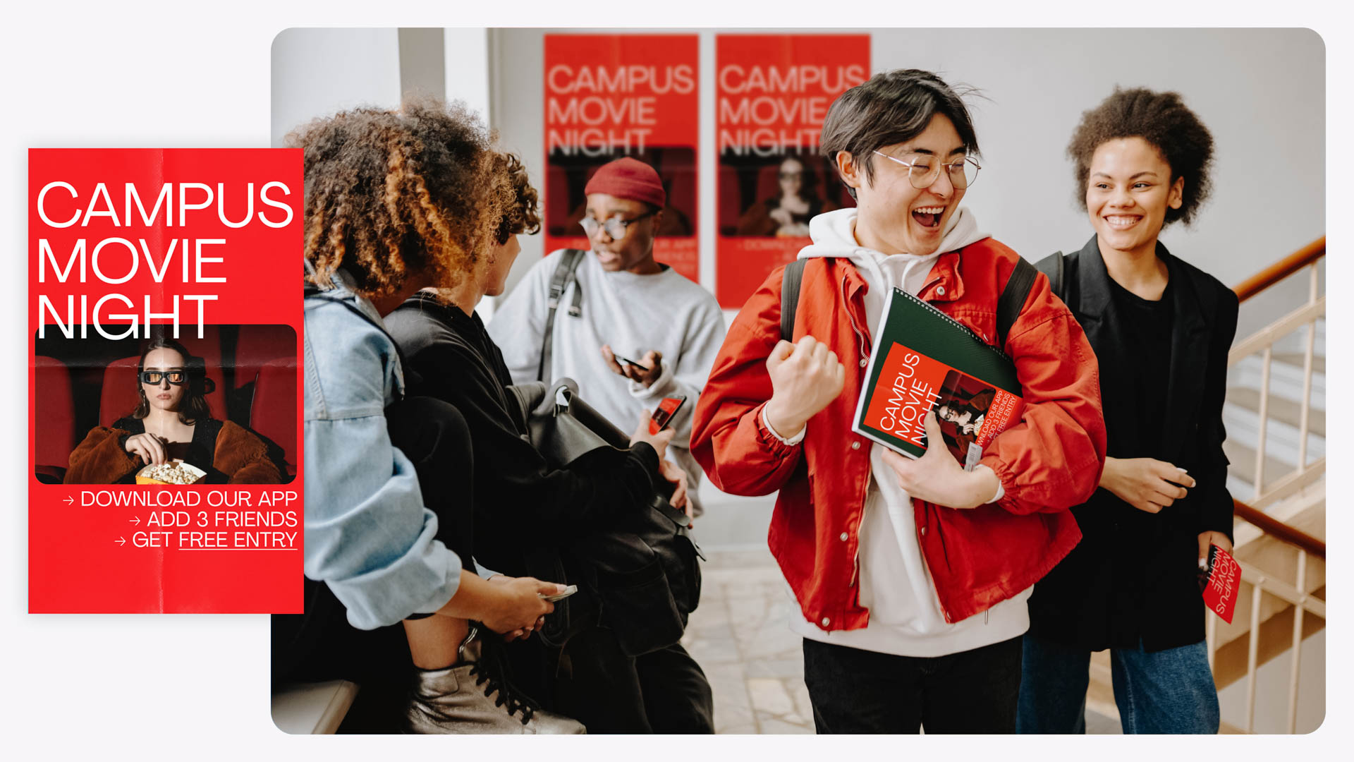 Five college age people with posters behind them for a Campus Movie Night