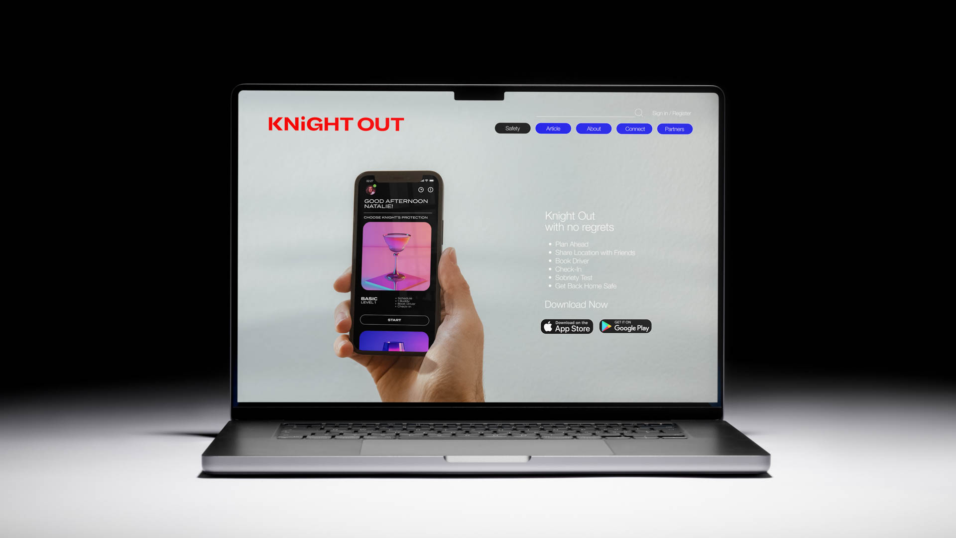 knight out webpage shown on an open laptop