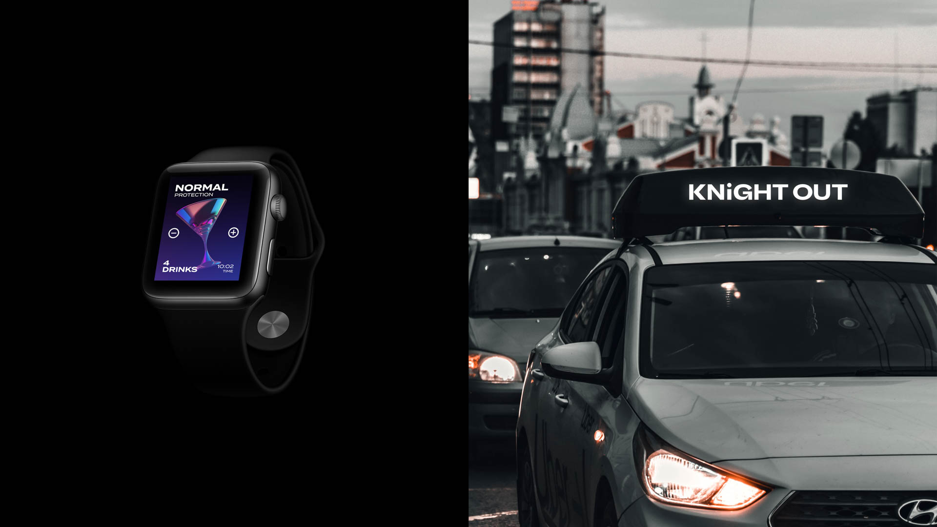 Knight Out branding on an apple watch and on a car