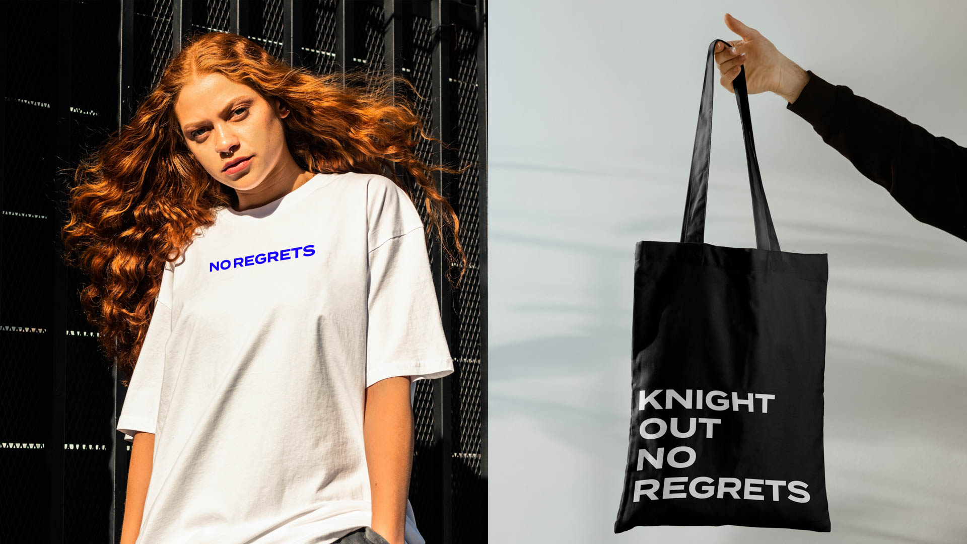a shirt and a bag that has the text No Regrets on it