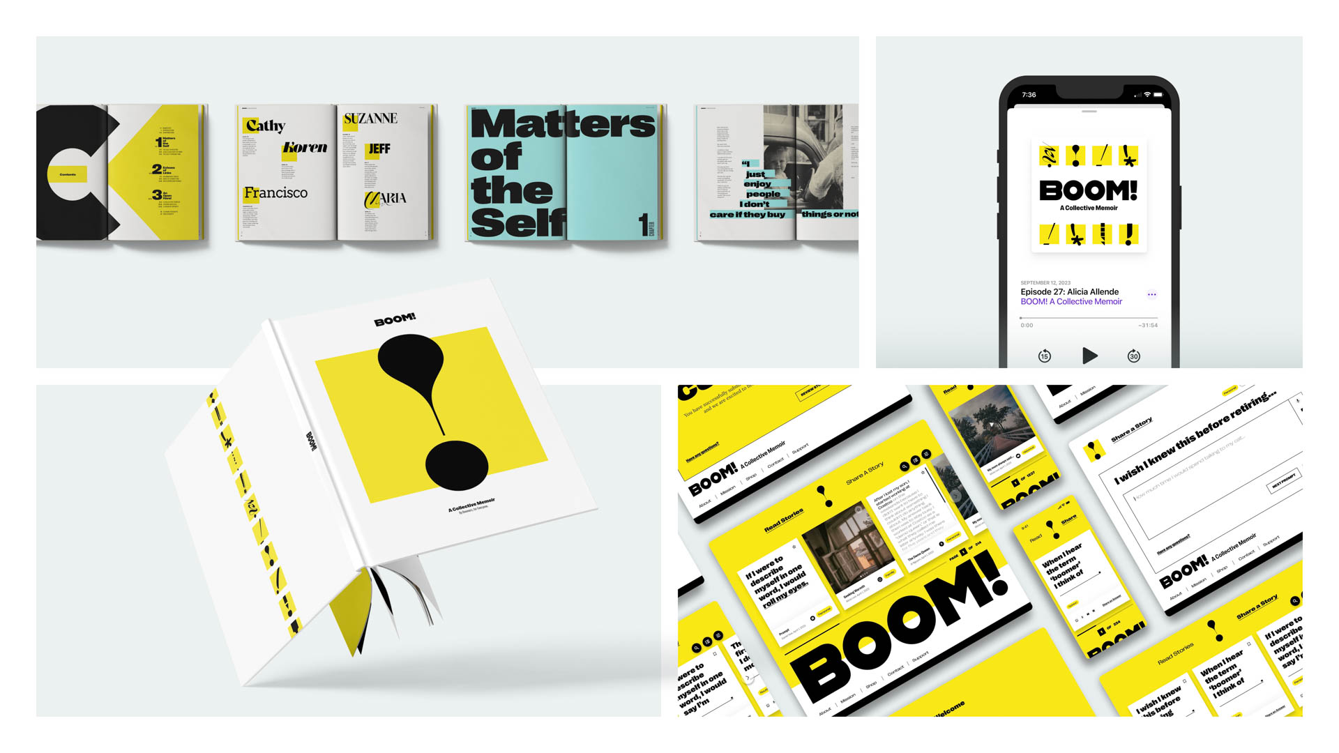 a variety of book spreads for the Boom project