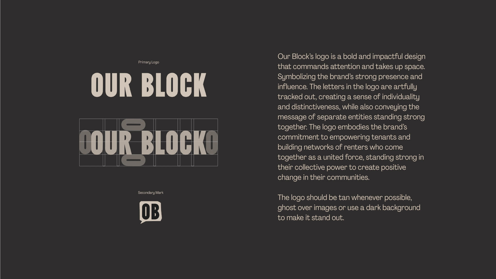 Our Block app information, text against dark background