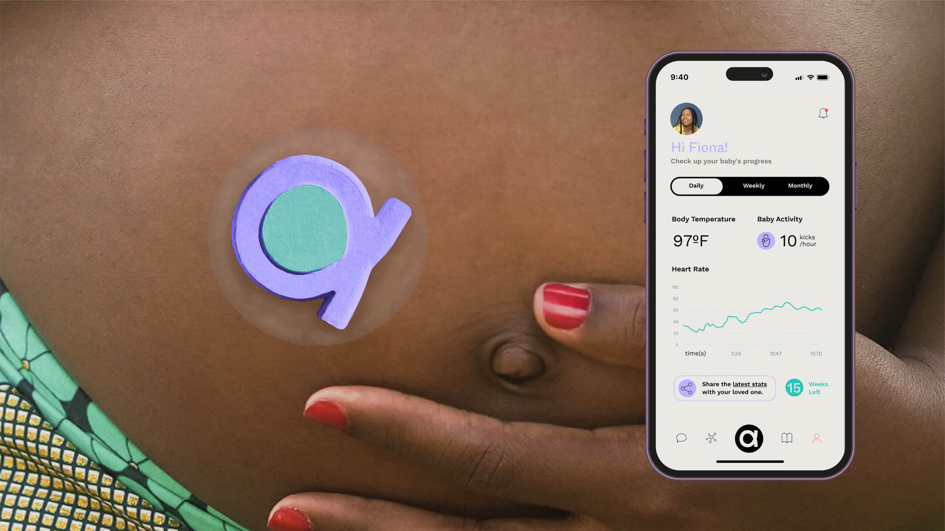 iphone and closeup of Aliquoti tracking device on stomach of a woman