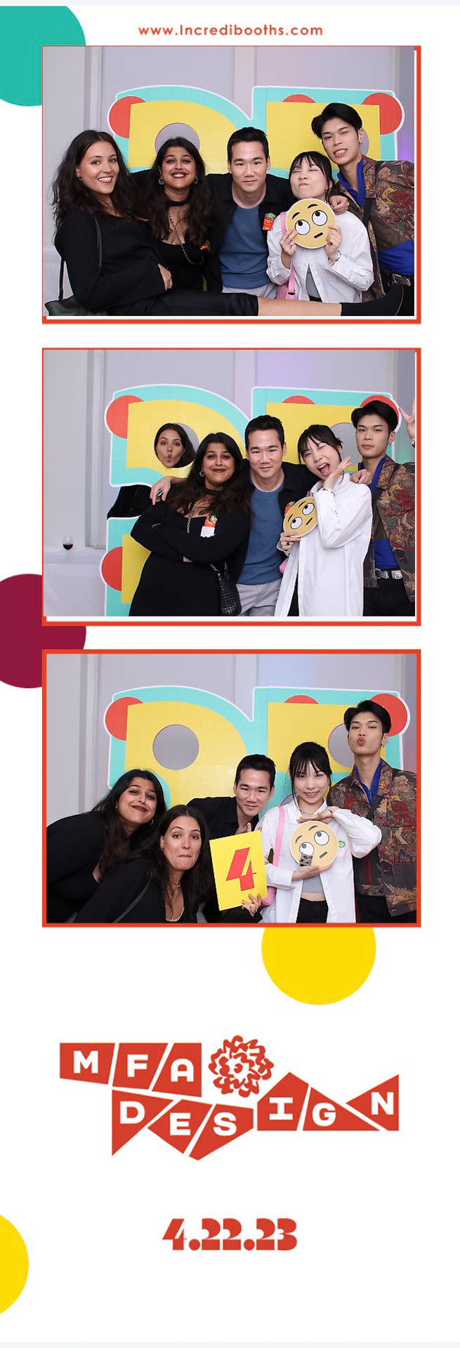 strip of 3 photos from a photo booth machine, people celebrating in front of a colorful sign