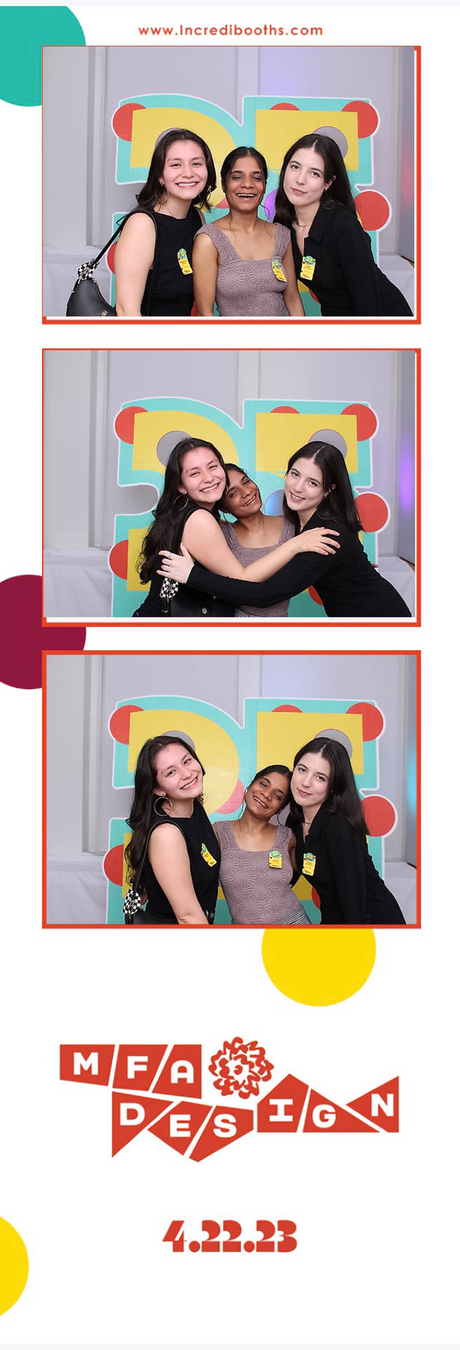strip of 3 photos from a photo booth machine, people celebrating in front of a colorful sign