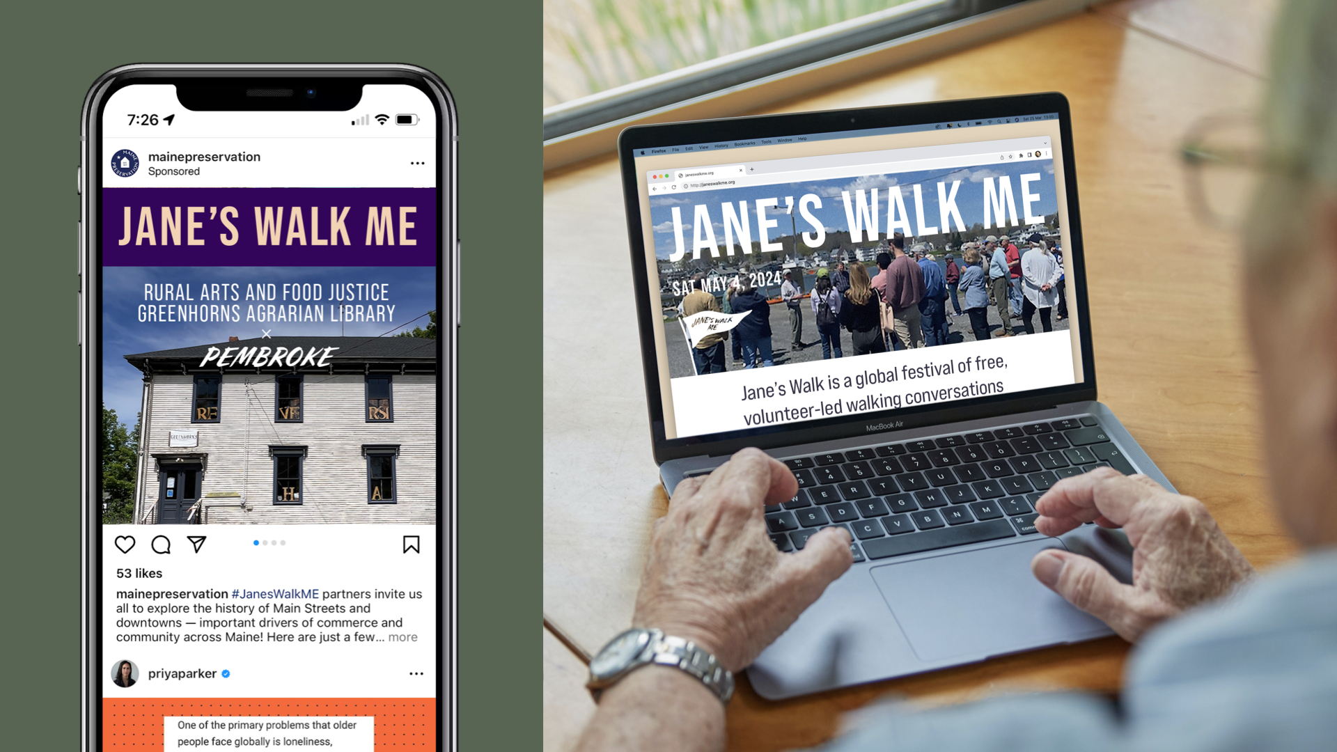 Jane's Walk in Maine advertisements on phone and computer