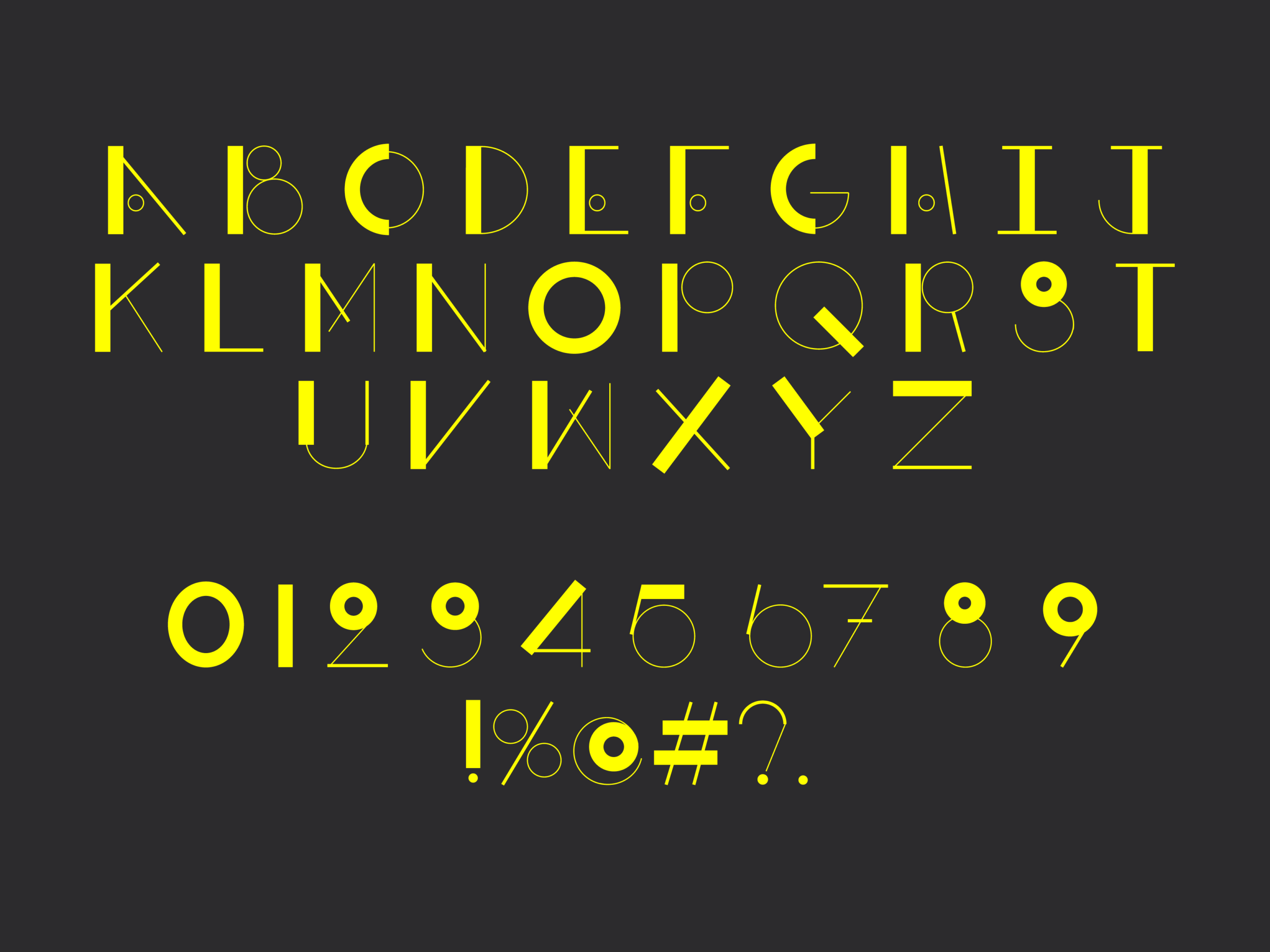 Alphabet and numbers written in unique typeface using bold and thin lines
