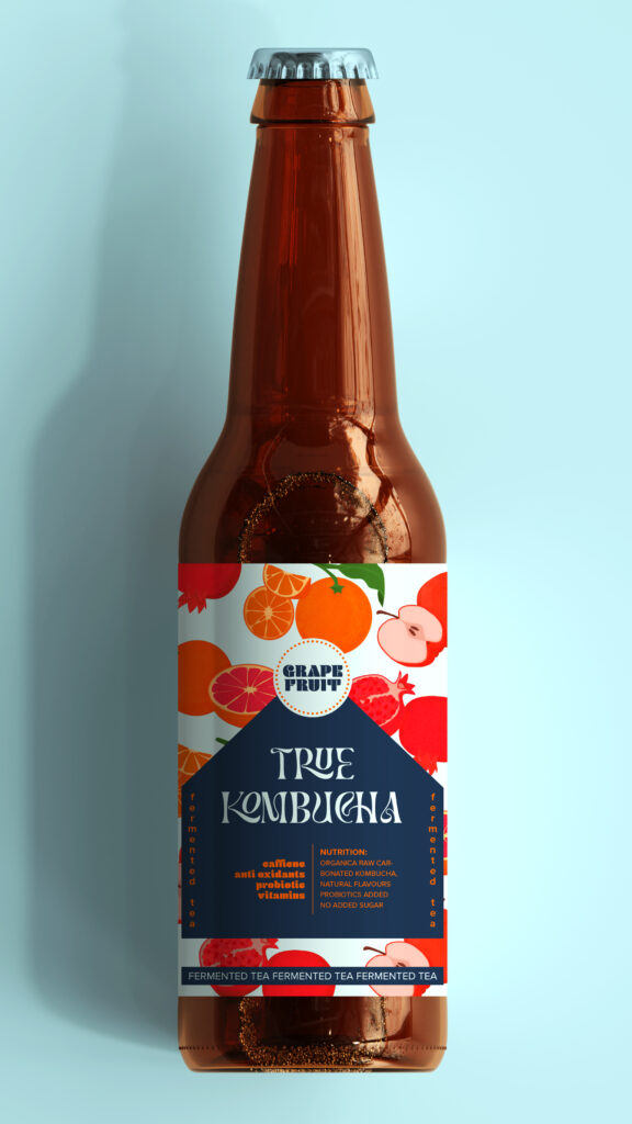 kombucha bottle with colorful label