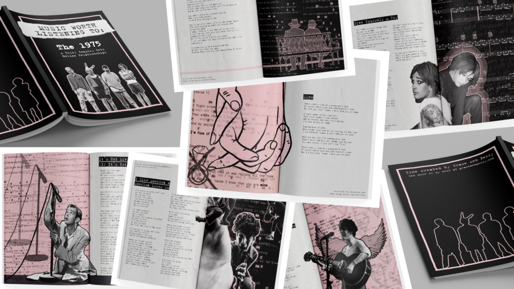 magazine pages designed in black and pink