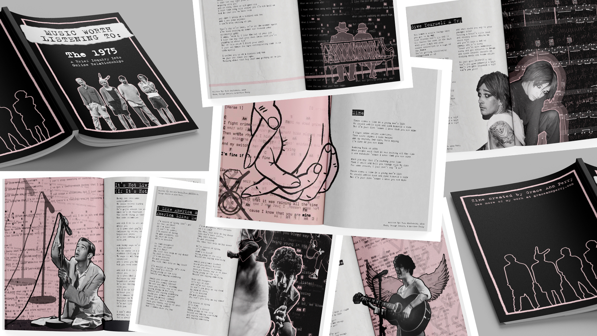 multiple magazine spreads with black and pink design laying on grey background