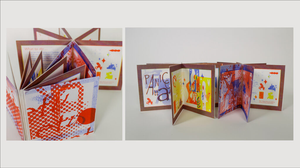 two pictures of folding colorful artwork