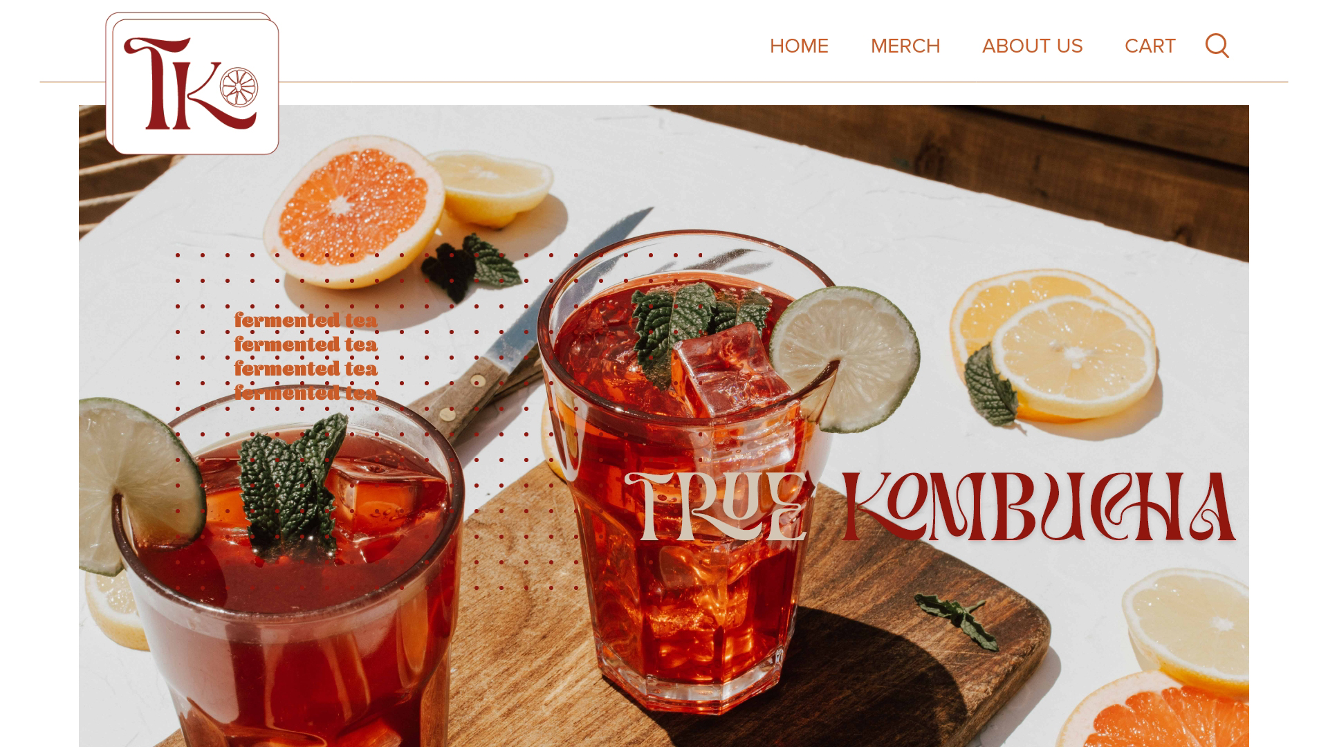photo of website for True Kombucha with red drink in glass