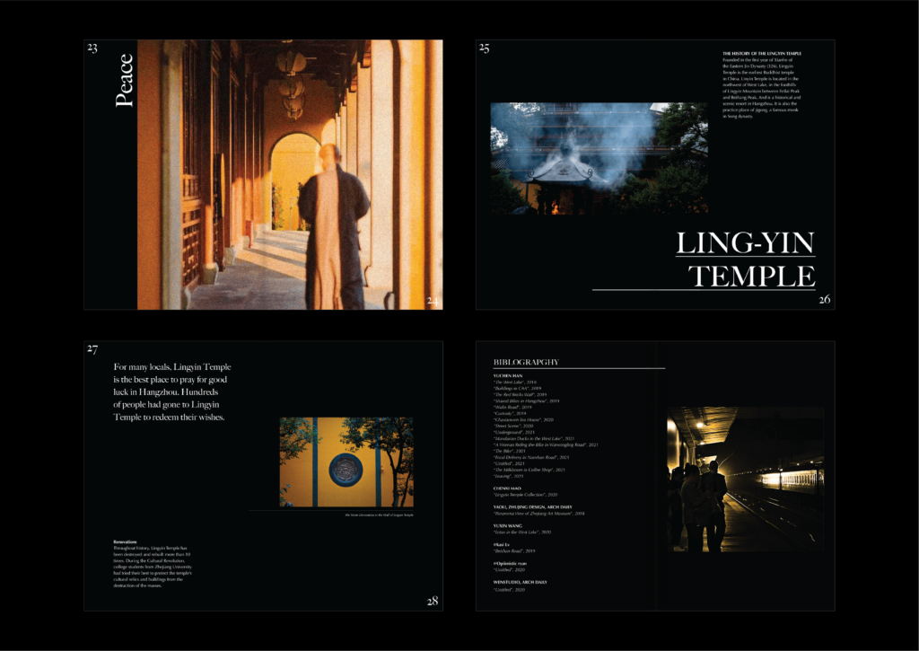 four spreads of zine about HangZhou with photos of temple