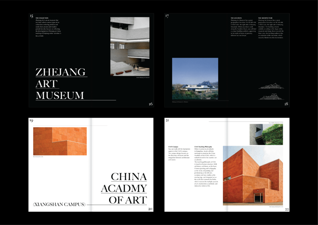 four spreads of zine about HangZhou with photos of buildings and architecture