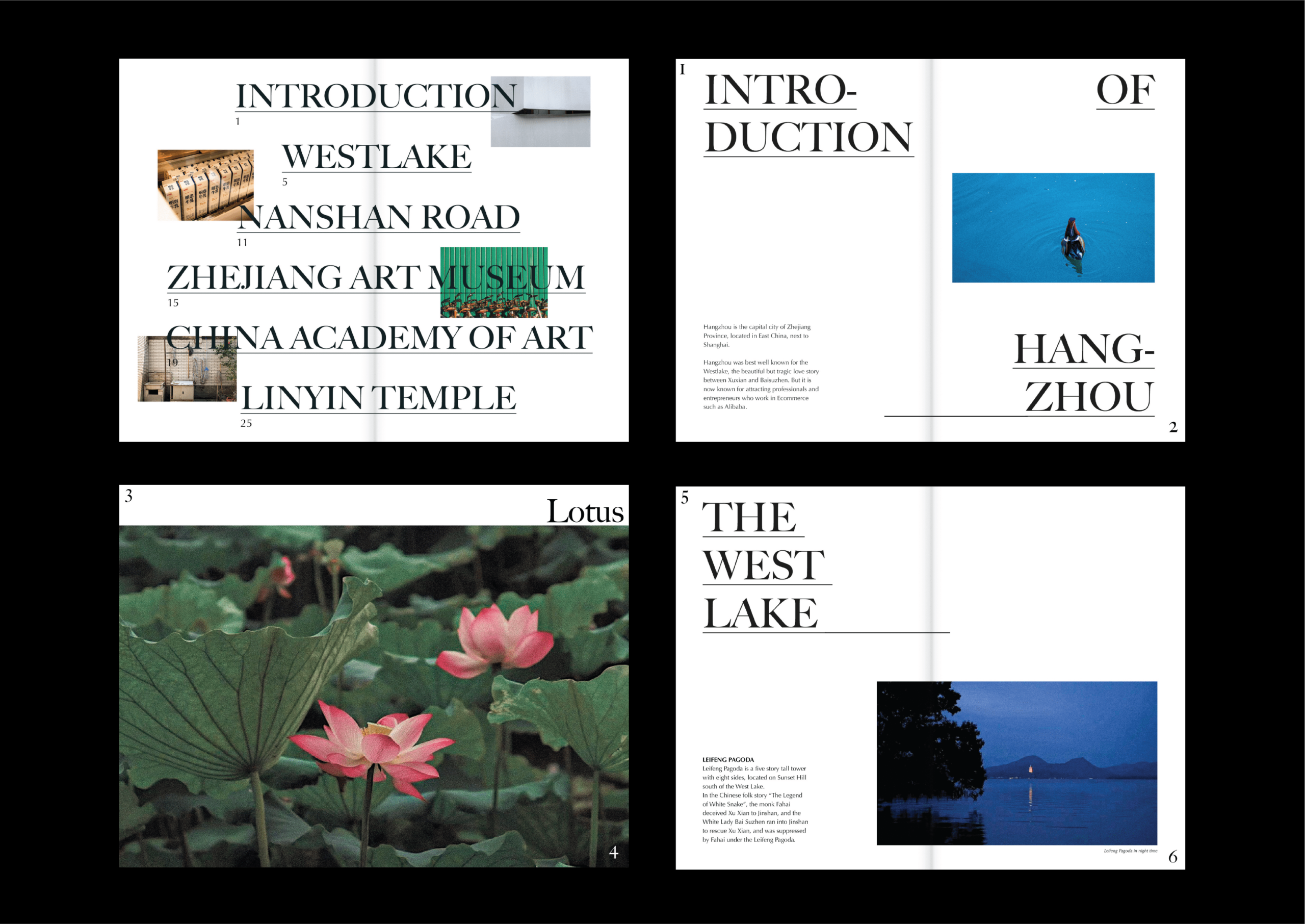 first four spreads of zine about HangZhou with peaceful images of city