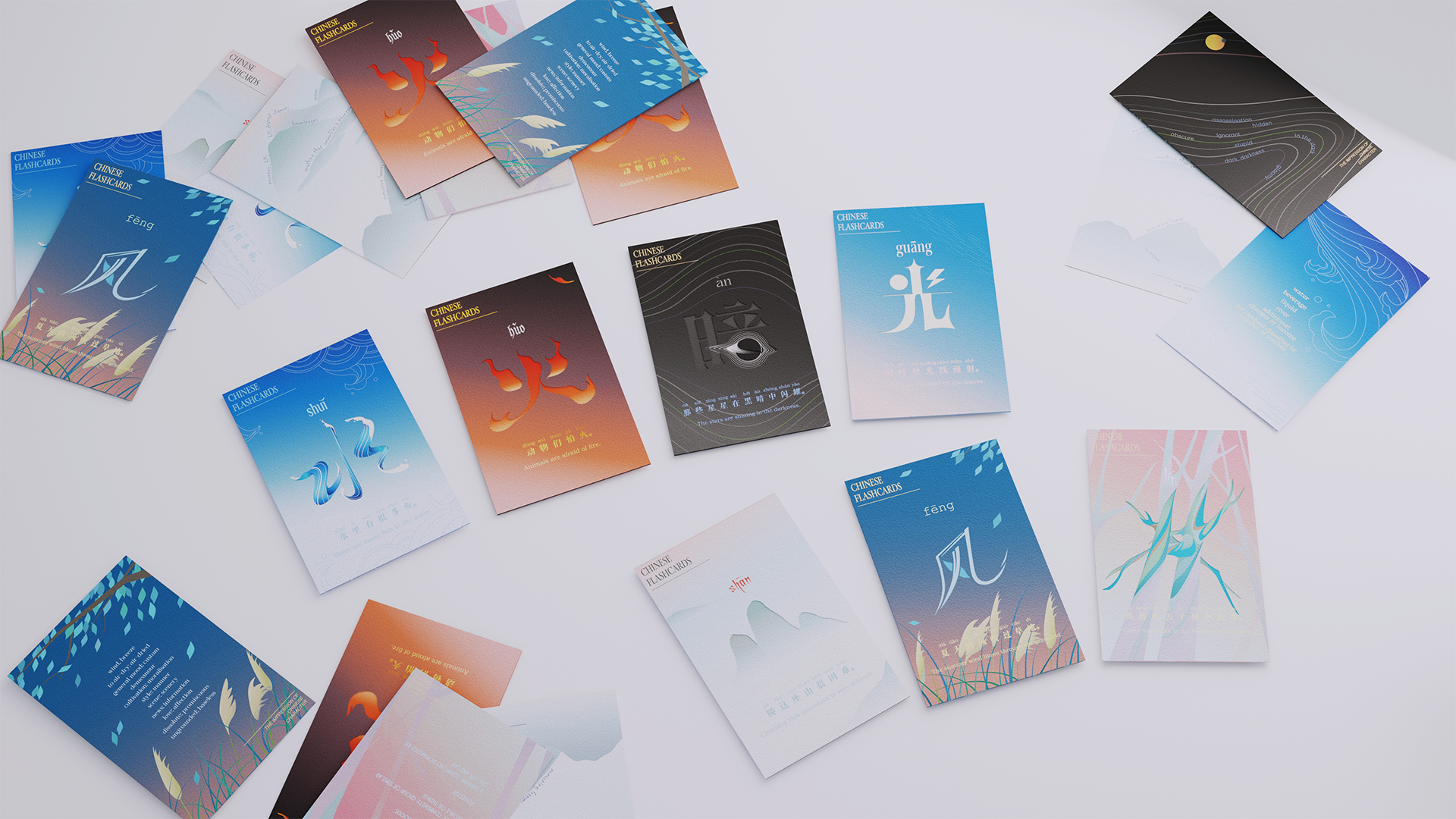 7 different Chinese Flashcards with Chinese characters and English translation