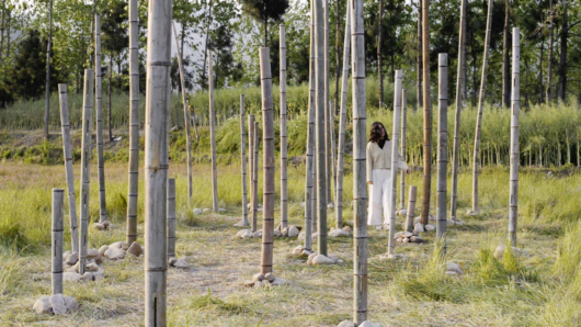 bamboo art installation in a field