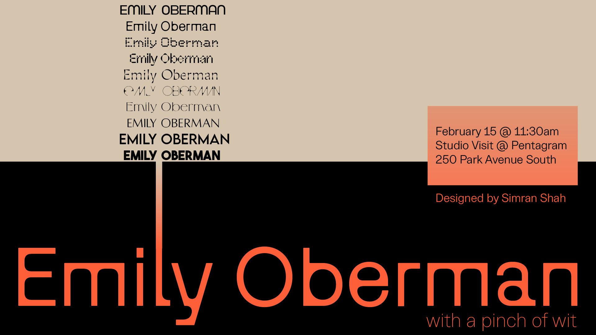 a poster announcing a studio visit to Pentagram with Emily Oberman