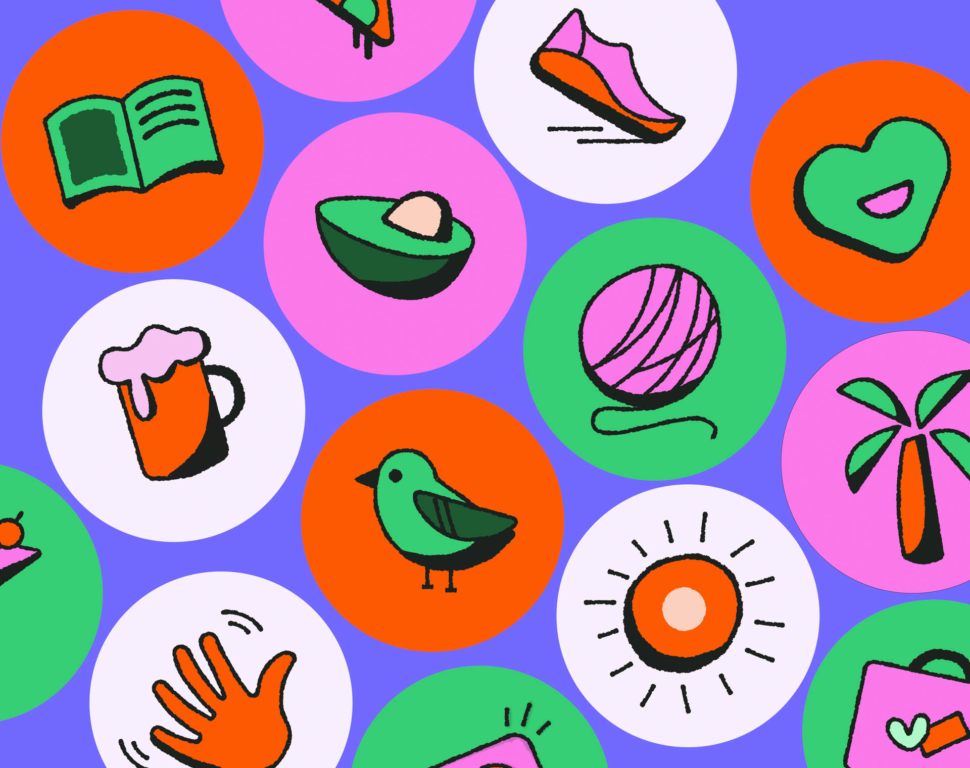 colorful illustrations with different items like a book, an avocado, a beer, a palm tree and more