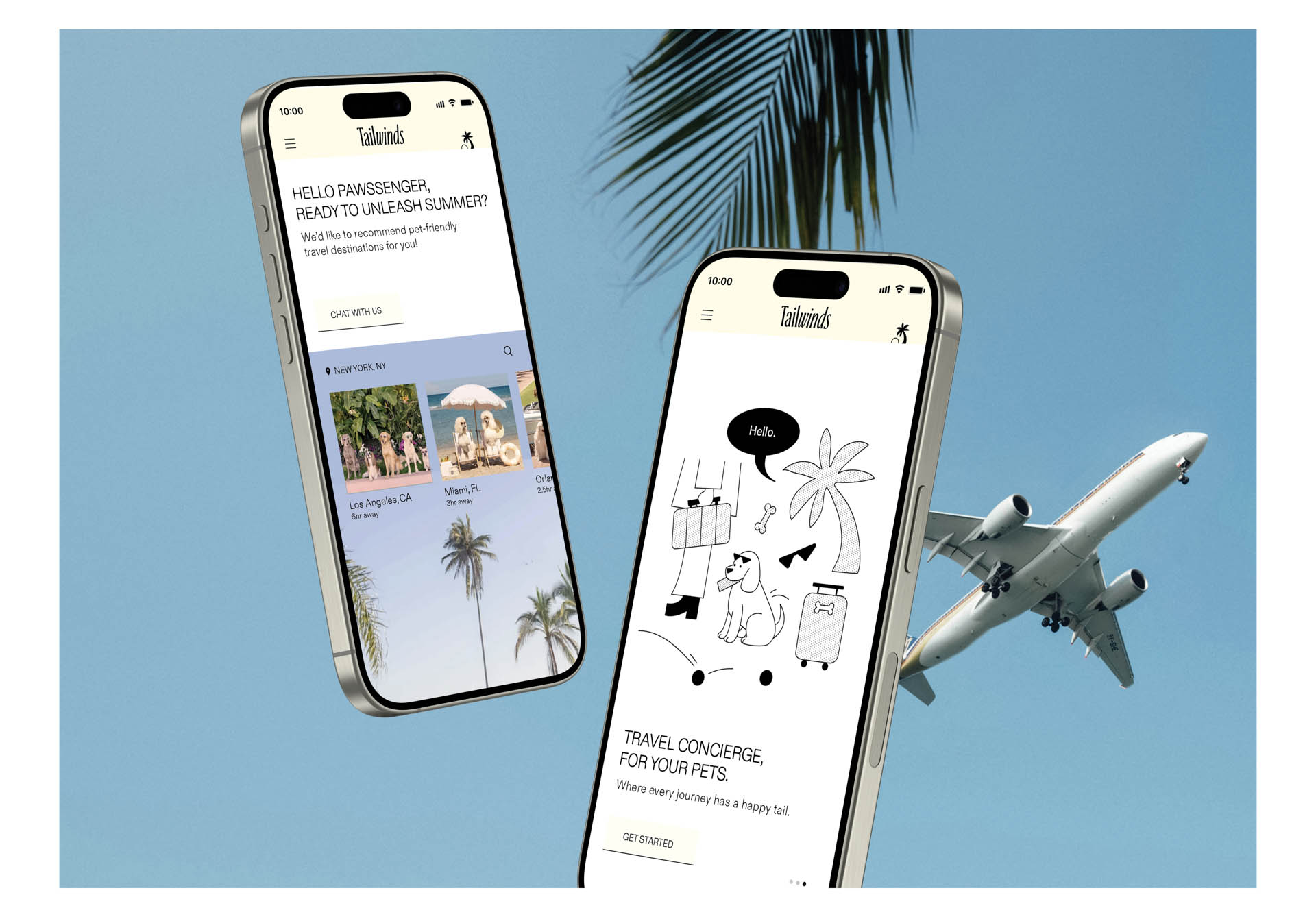 two iphones with screens showing pages from the Tailwinds app. plane in the background